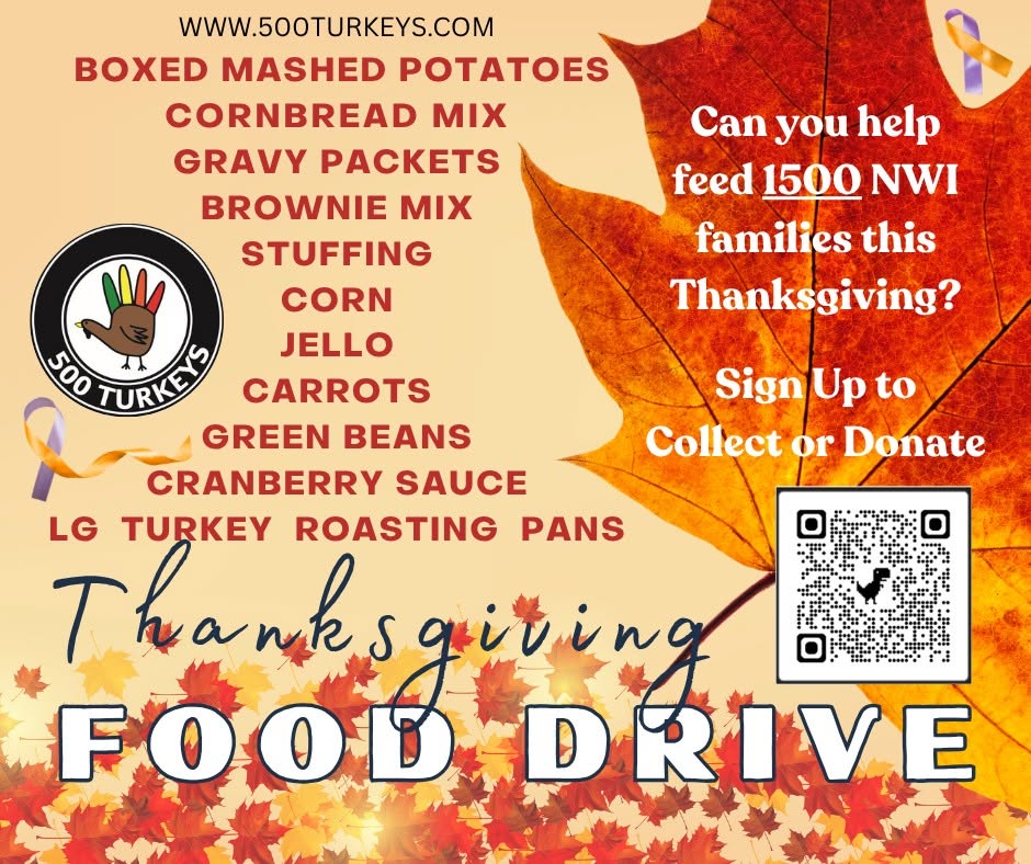 500 Turkeys Thanksgiving food drive collection list and invitation to help feed 1,500 Northwest Indiana families